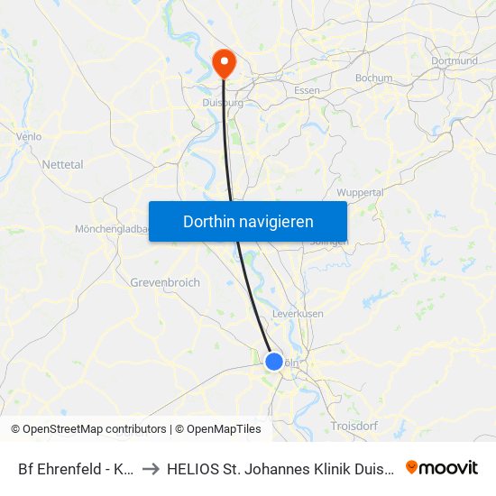 Bf Ehrenfeld - Köln to HELIOS St. Johannes Klinik Duisburg map