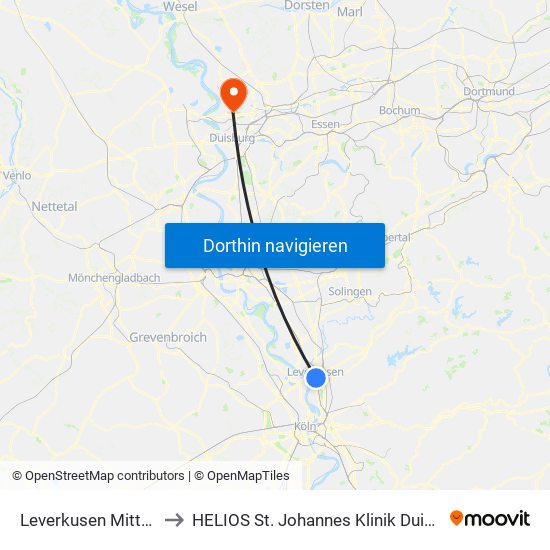 Leverkusen Mitte Bf to HELIOS St. Johannes Klinik Duisburg map