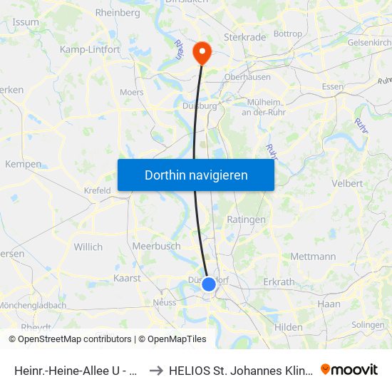 Heinr.-Heine-Allee U - Düsseldorf to HELIOS St. Johannes Klinik Duisburg map