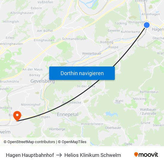 Hagen Hauptbahnhof to Helios Klinikum Schwelm map