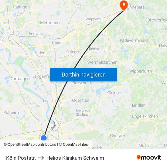 Köln Poststr. to Helios Klinikum Schwelm map