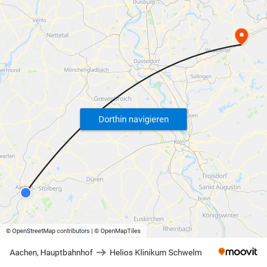 Aachen, Hauptbahnhof to Helios Klinikum Schwelm map