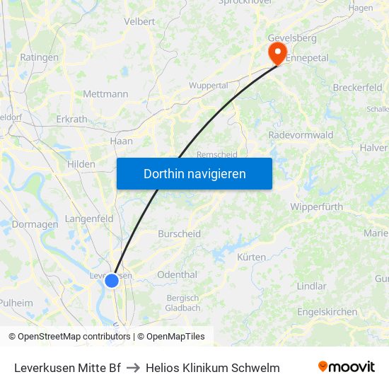 Leverkusen Mitte Bf to Helios Klinikum Schwelm map