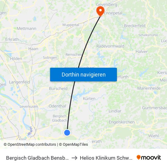 Bergisch Gladbach Bensberg to Helios Klinikum Schwelm map