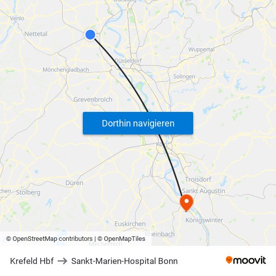 Krefeld Hbf to Sankt-Marien-Hospital Bonn map