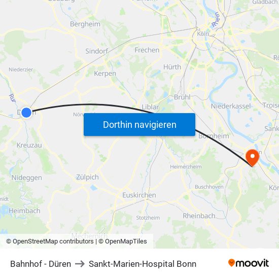 Bahnhof - Düren to Sankt-Marien-Hospital Bonn map