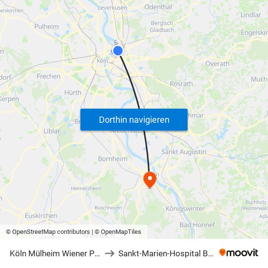 Köln Mülheim Wiener Platz to Sankt-Marien-Hospital Bonn map