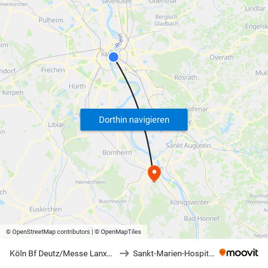 Köln Bf Deutz/Messe Lanxess Arena to Sankt-Marien-Hospital Bonn map