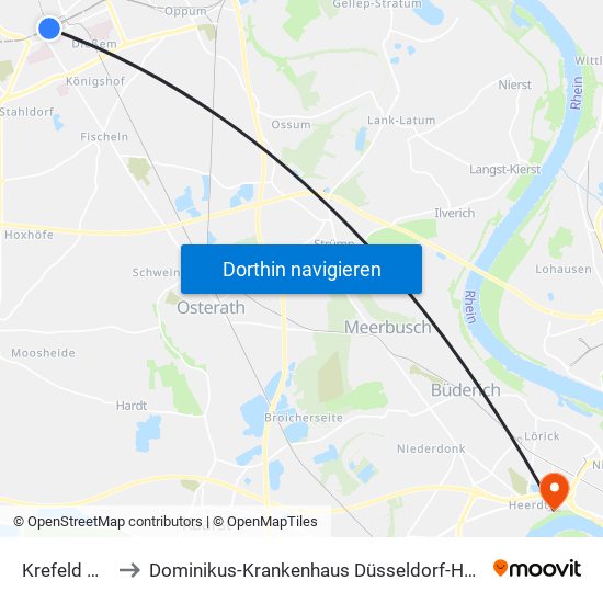 Krefeld Hbf to Dominikus-Krankenhaus Düsseldorf-Heerdt map