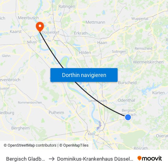 Bergisch Gladbach (S) to Dominikus-Krankenhaus Düsseldorf-Heerdt map