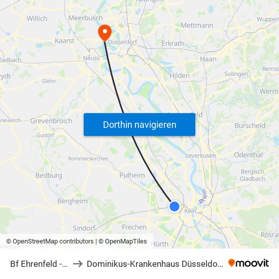 Bf Ehrenfeld - Köln to Dominikus-Krankenhaus Düsseldorf-Heerdt map