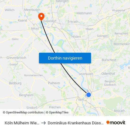 Köln Mülheim Wiener Platz to Dominikus-Krankenhaus Düsseldorf-Heerdt map