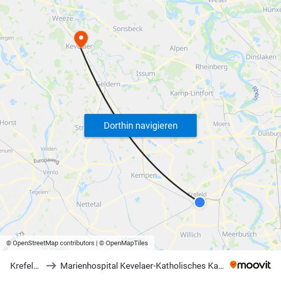 Krefeld Hbf to Marienhospital Kevelaer-Katholisches Karl-Leisner-Klinikum map