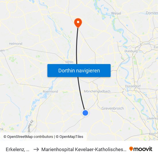 Erkelenz, Bahnhof to Marienhospital Kevelaer-Katholisches Karl-Leisner-Klinikum map