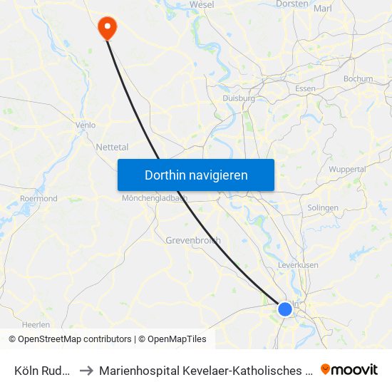 Köln Rudolfplatz to Marienhospital Kevelaer-Katholisches Karl-Leisner-Klinikum map