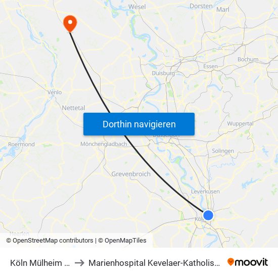 Köln Mülheim Wiener Platz to Marienhospital Kevelaer-Katholisches Karl-Leisner-Klinikum map