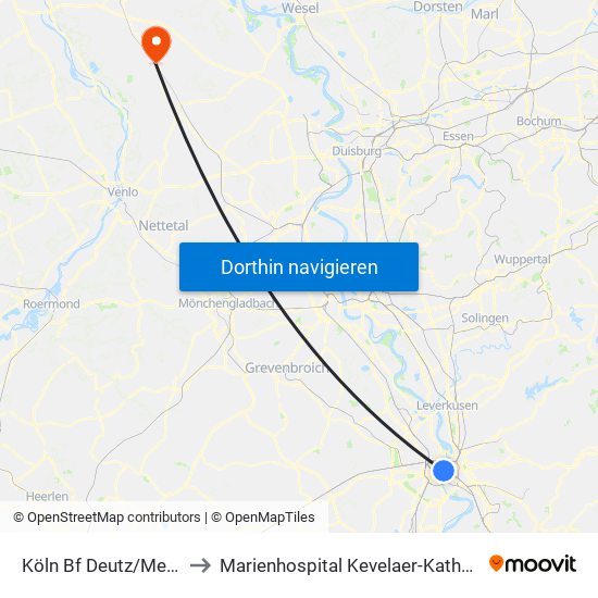 Köln Bf Deutz/Messe Lanxess Arena to Marienhospital Kevelaer-Katholisches Karl-Leisner-Klinikum map