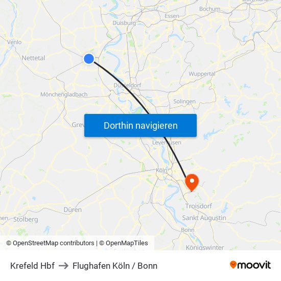 Krefeld Hbf to Flughafen Köln / Bonn map