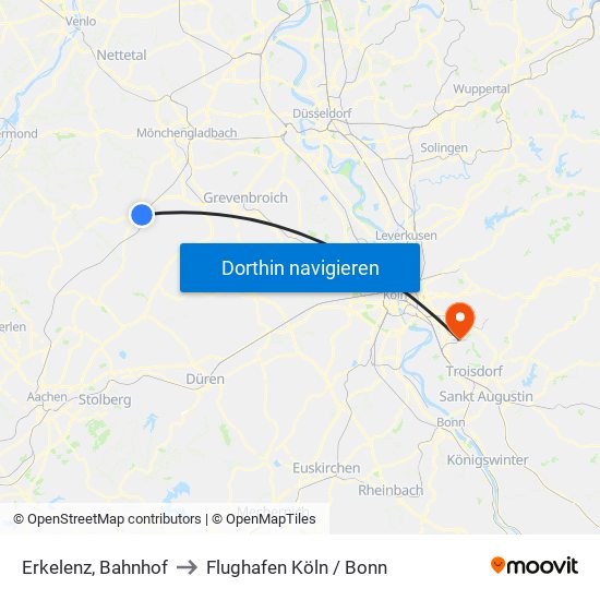 Erkelenz, Bahnhof to Flughafen Köln / Bonn map