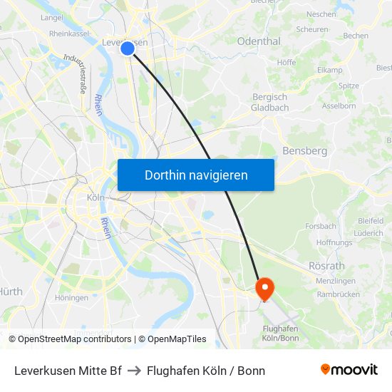 Leverkusen Mitte Bf to Flughafen Köln / Bonn map