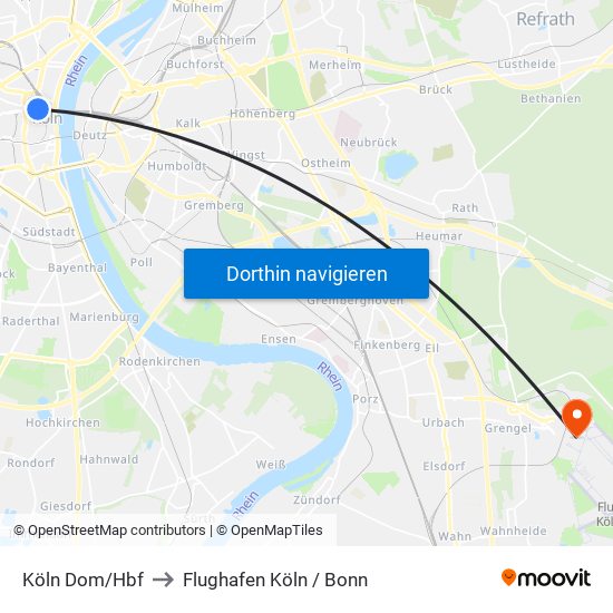 Köln Dom/Hbf to Flughafen Köln / Bonn map