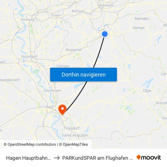 Hagen Hauptbahnhof to PARKundSPAR am Flughafen Köln map