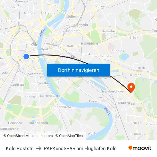 Köln Poststr. to PARKundSPAR am Flughafen Köln map