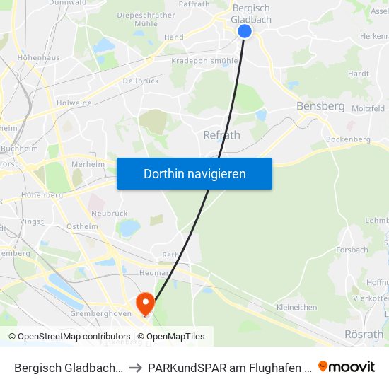 Bergisch Gladbach (S) to PARKundSPAR am Flughafen Köln map