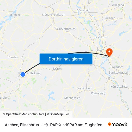 Aachen, Elisenbrunnen to PARKundSPAR am Flughafen Köln map