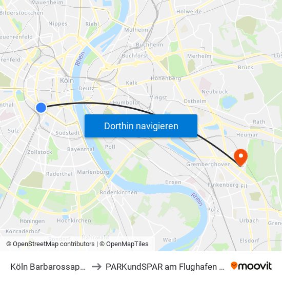 Köln Barbarossaplatz to PARKundSPAR am Flughafen Köln map