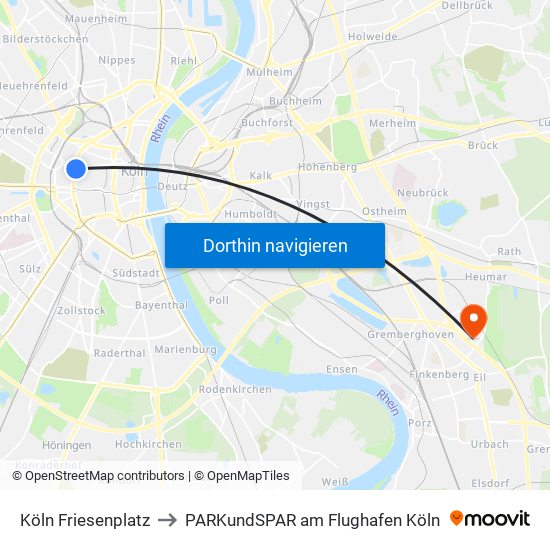 Köln Friesenplatz to PARKundSPAR am Flughafen Köln map