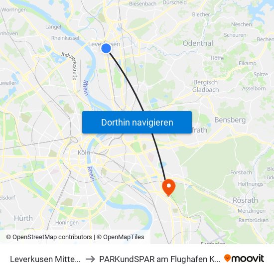 Leverkusen Mitte Bf to PARKundSPAR am Flughafen Köln map