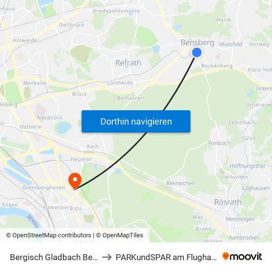 Bergisch Gladbach Bensberg to PARKundSPAR am Flughafen Köln map