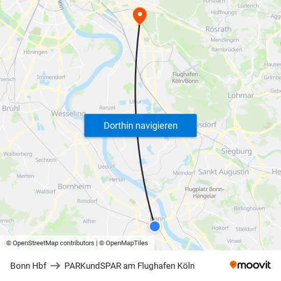 Bonn Hbf to PARKundSPAR am Flughafen Köln map