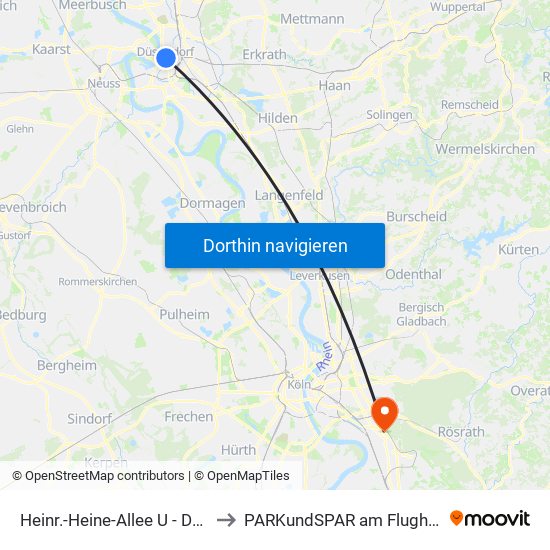 Heinr.-Heine-Allee U - Düsseldorf to PARKundSPAR am Flughafen Köln map