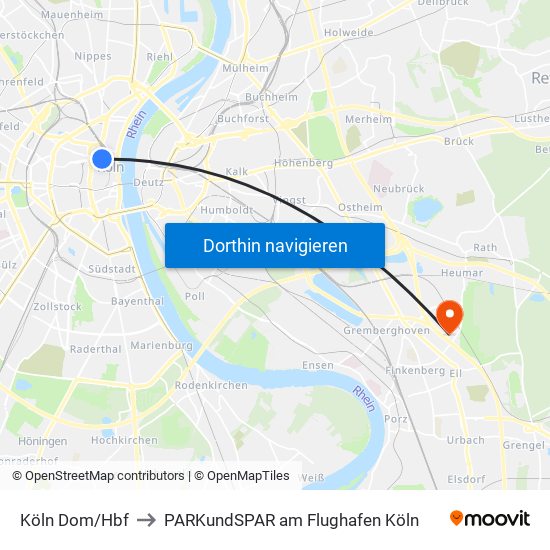 Köln Dom/Hbf to PARKundSPAR am Flughafen Köln map