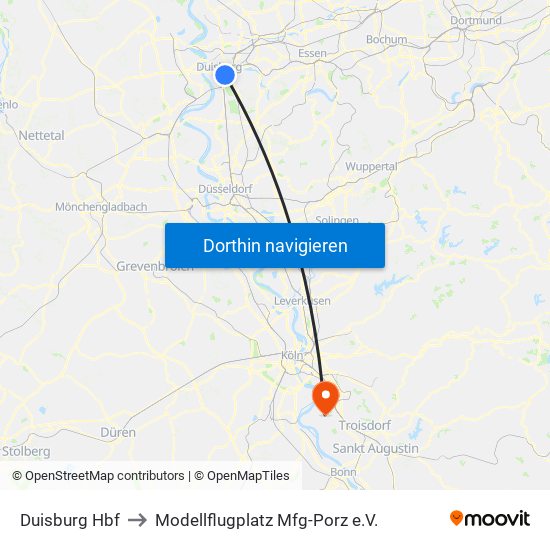 Duisburg Hbf to Modellflugplatz Mfg-Porz e.V. map
