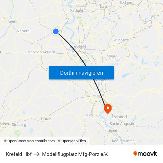 Krefeld Hbf to Modellflugplatz Mfg-Porz e.V. map