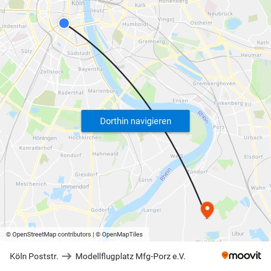 Köln Poststr. to Modellflugplatz Mfg-Porz e.V. map