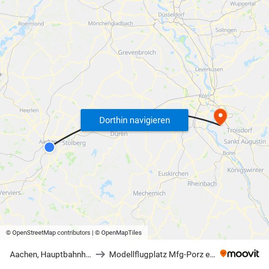 Aachen, Hauptbahnhof to Modellflugplatz Mfg-Porz e.V. map