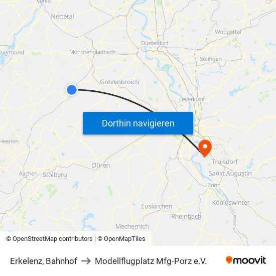 Erkelenz, Bahnhof to Modellflugplatz Mfg-Porz e.V. map