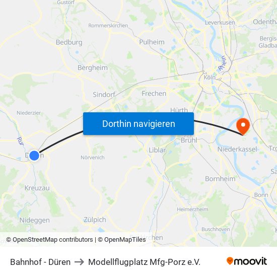 Bahnhof - Düren to Modellflugplatz Mfg-Porz e.V. map