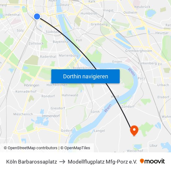 Köln Barbarossaplatz to Modellflugplatz Mfg-Porz e.V. map