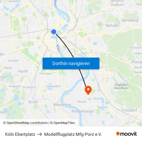 Köln Ebertplatz to Modellflugplatz Mfg-Porz e.V. map