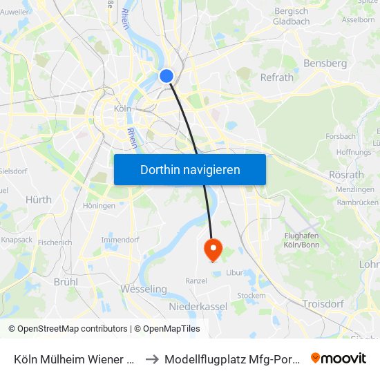 Köln Mülheim Wiener Platz to Modellflugplatz Mfg-Porz e.V. map