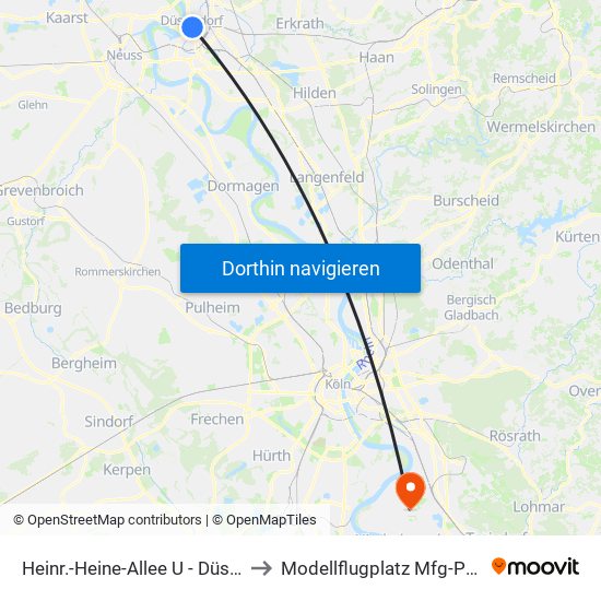 Heinr.-Heine-Allee U - Düsseldorf to Modellflugplatz Mfg-Porz e.V. map
