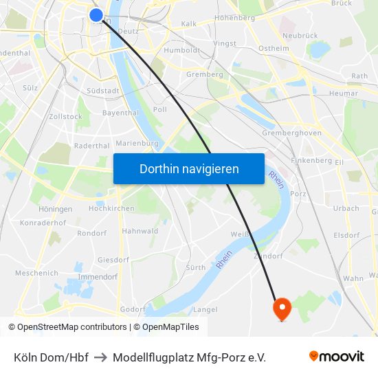 Köln Dom/Hbf to Modellflugplatz Mfg-Porz e.V. map