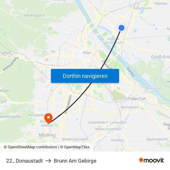22., Donaustadt to Brunn Am Gebirge map