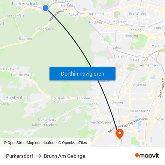 Purkersdorf to Brunn Am Gebirge map