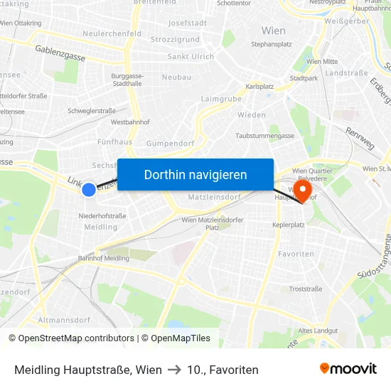 Meidling Hauptstraße, Wien to 10., Favoriten map